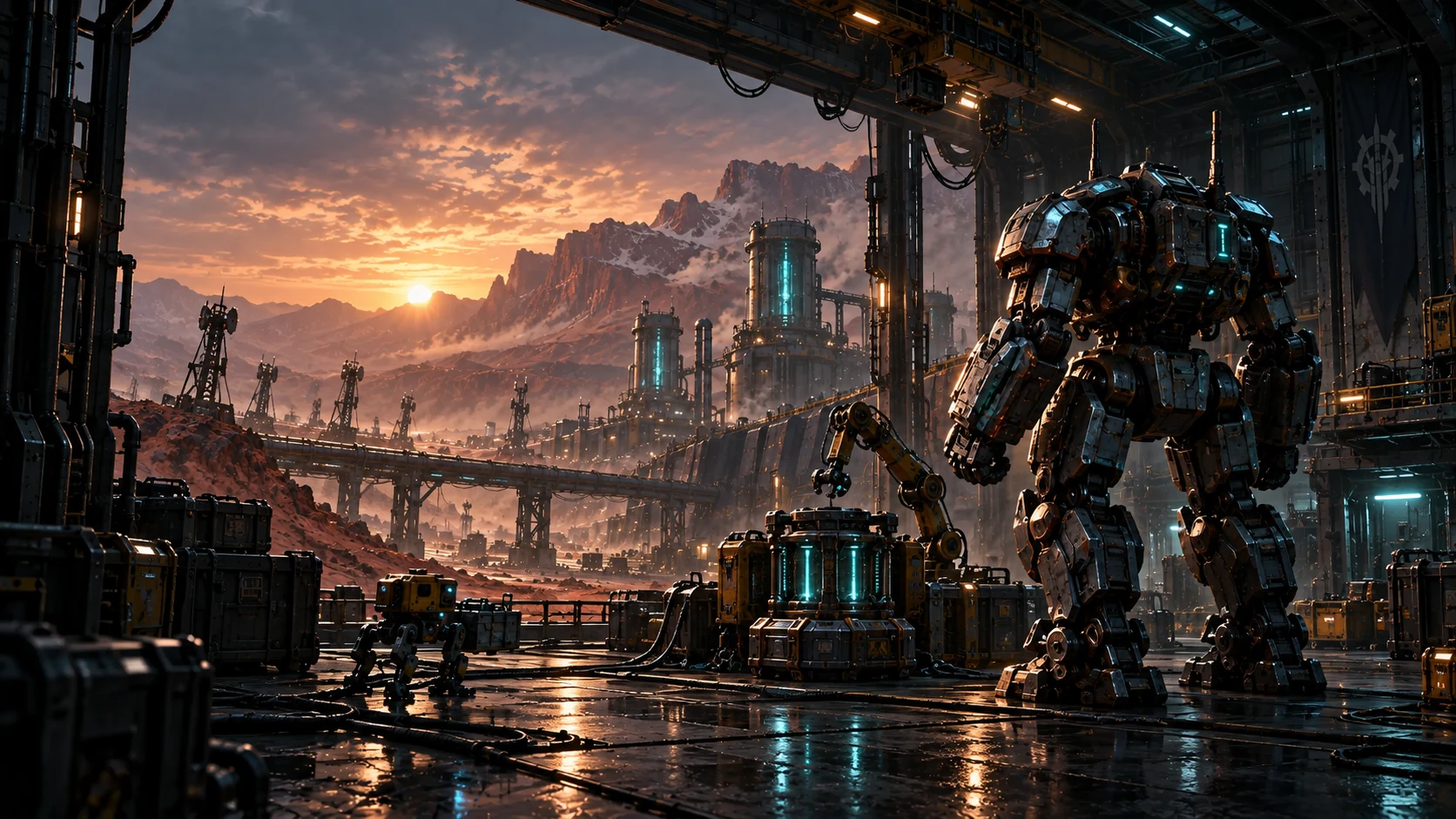 Iron Signal combat mech overlooking a frontier installation at dawn
